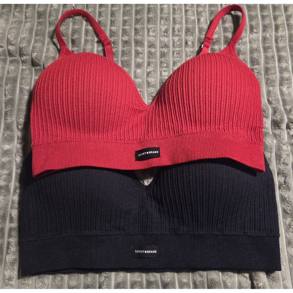 Lucky Brand Seamless Ribbed Wirefree Bralette Padded Lounge Bra 2 PK L Red Black